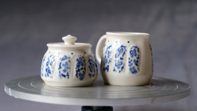 Carved Cream and Sugar Set - Blue