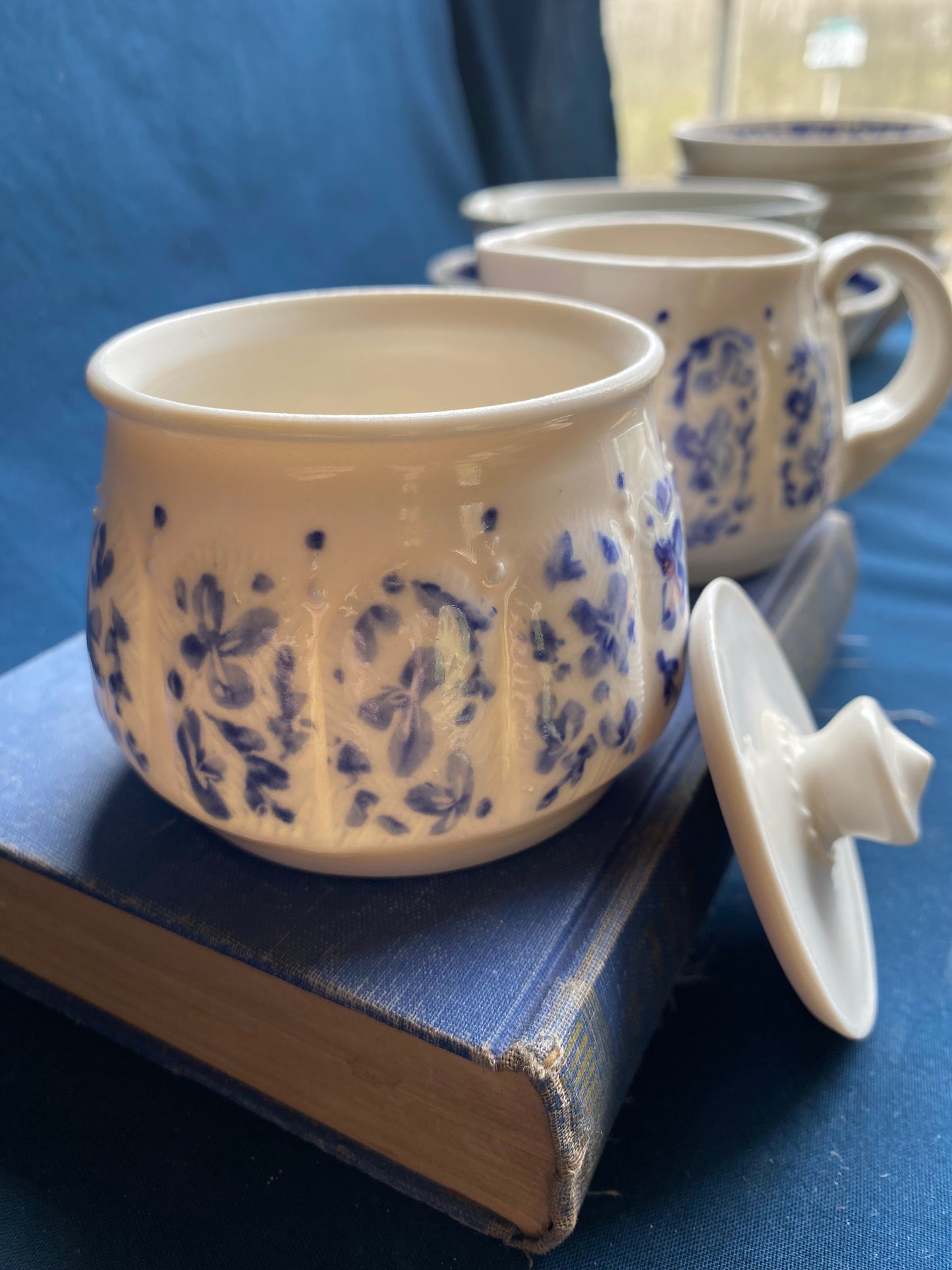 Carved Cream and Sugar Set - Blue