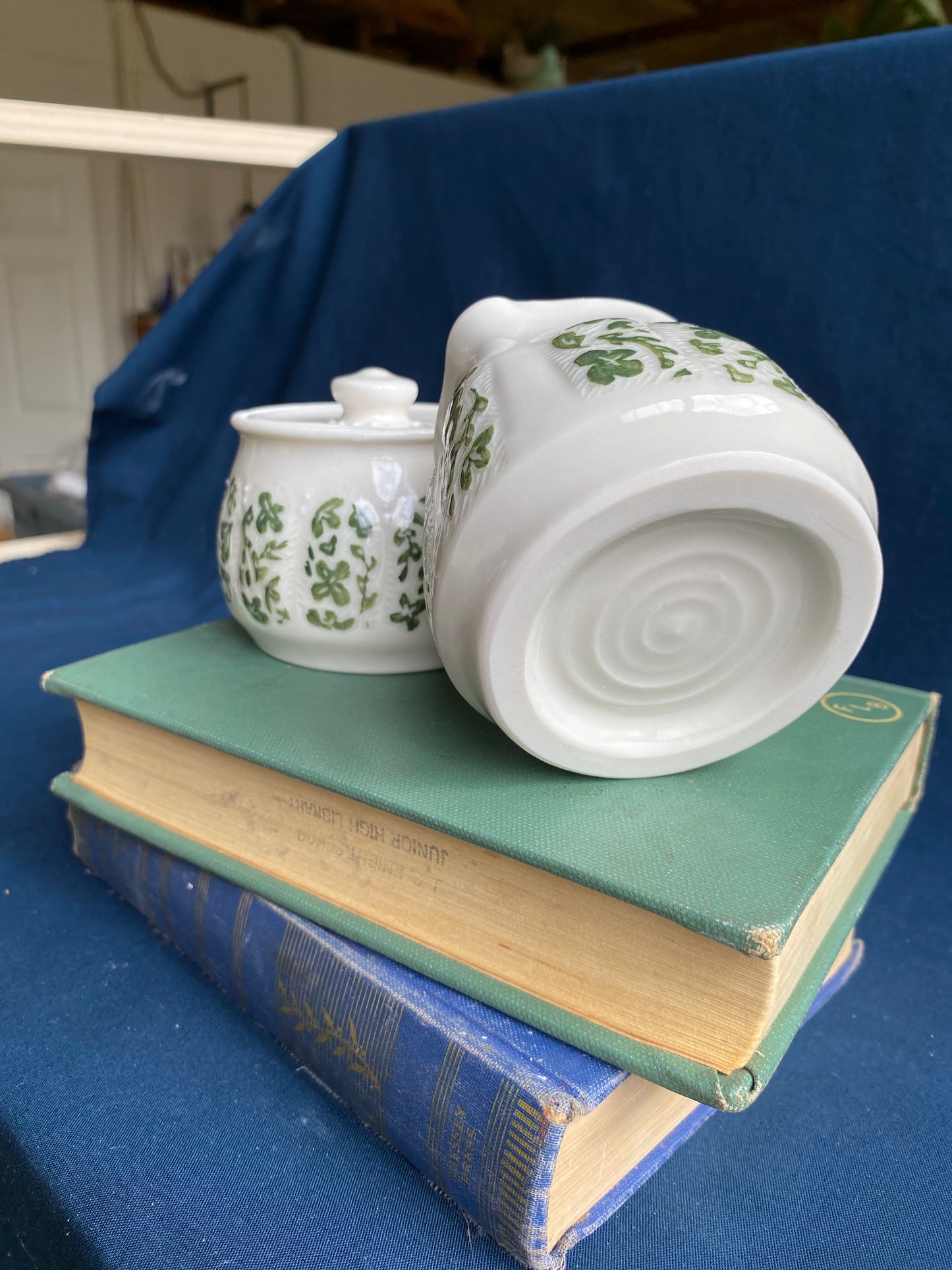 Carved Cream and Sugar Set - Green