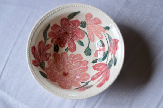 Carved Zinnia Serving Bowl in Pinks