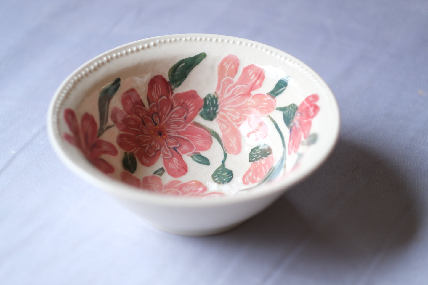 Carved Zinnia Serving Bowl in Pinks