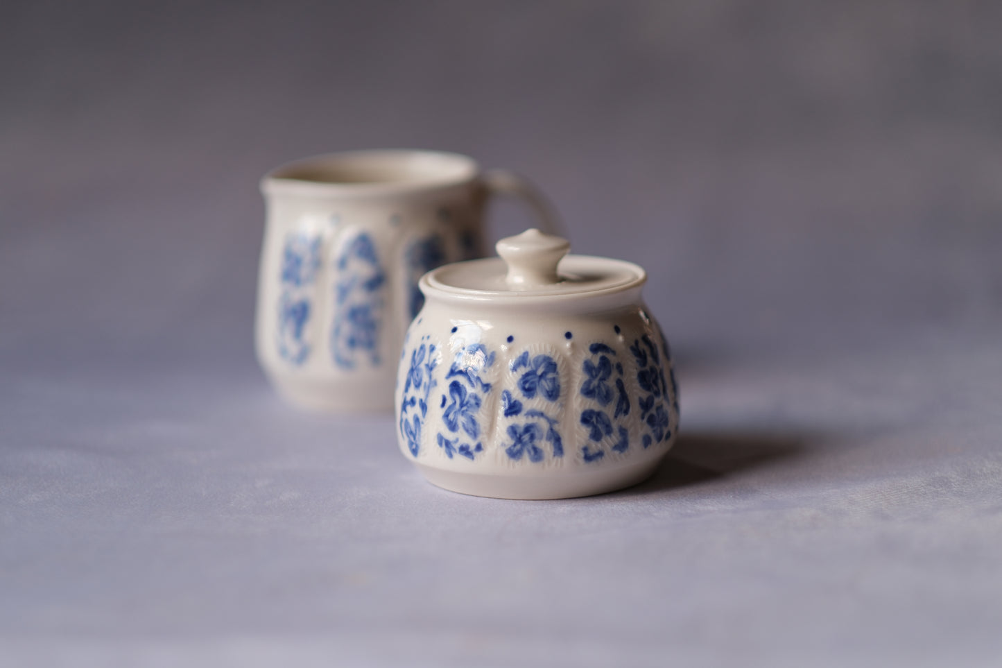 Carved Cream and Sugar Set - Blue