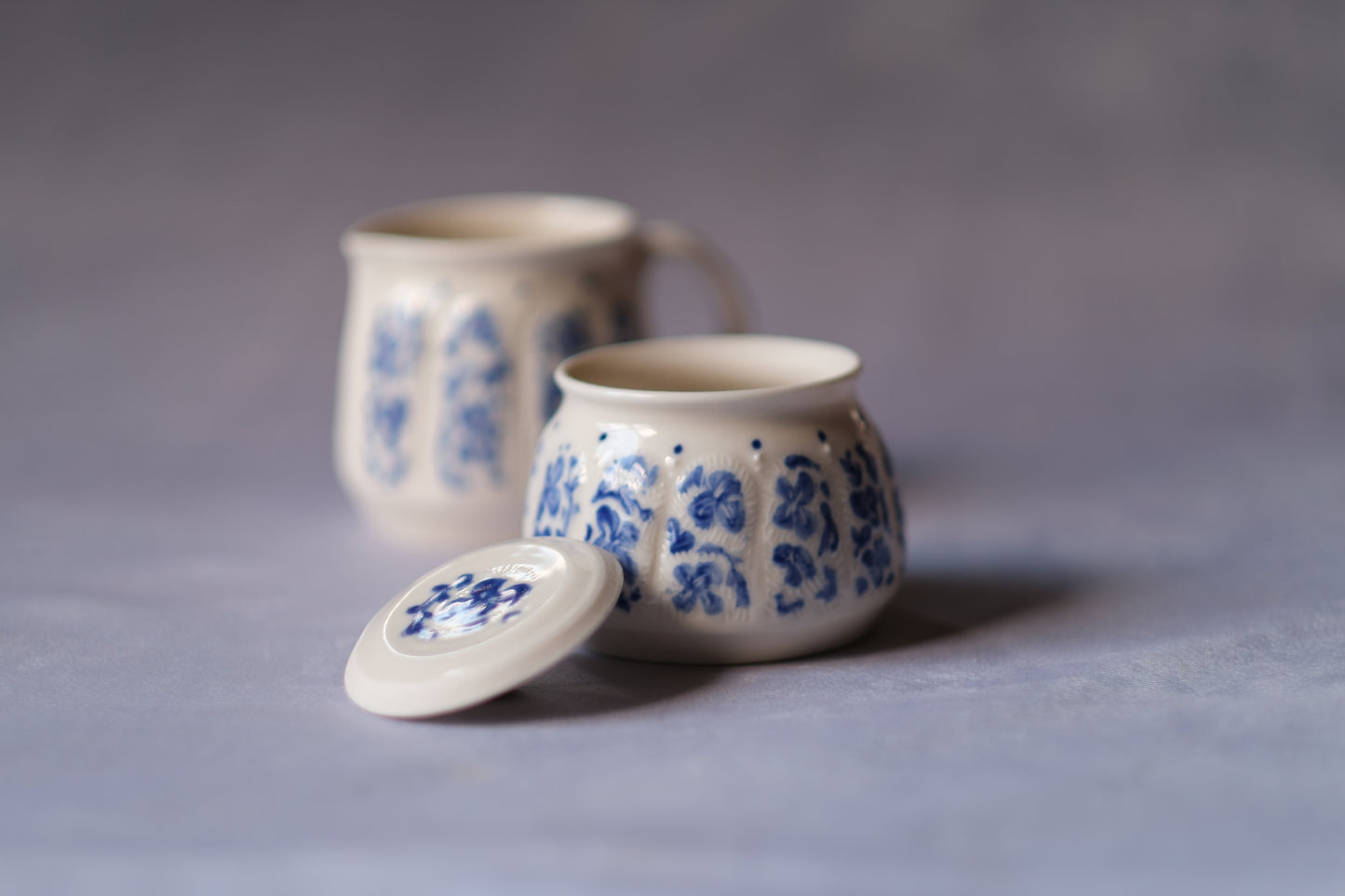 Carved Cream and Sugar Set - Blue