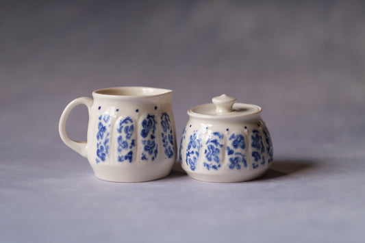 Carved Cream and Sugar Set - Blue