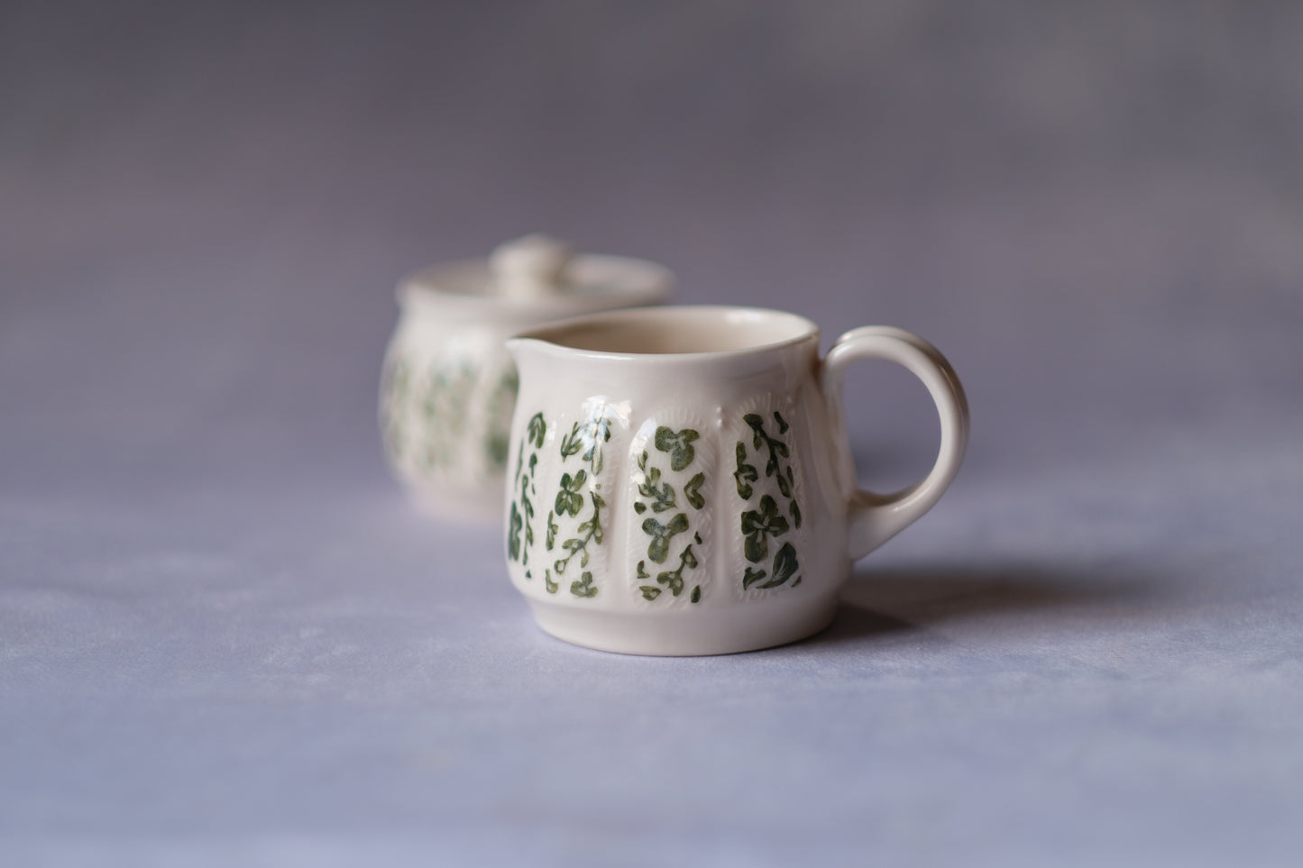 Carved Cream and Sugar Set - Green