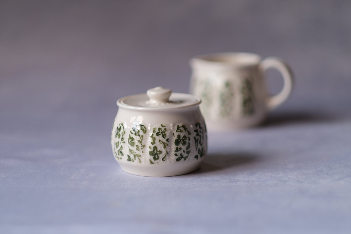 Carved Cream and Sugar Set - Green