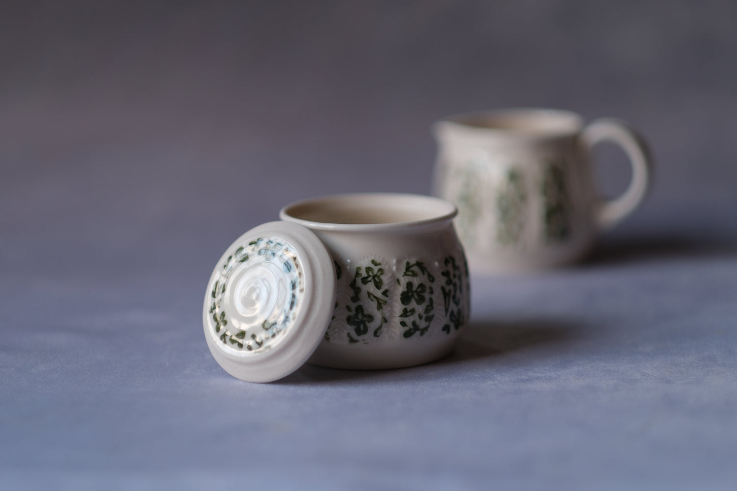 Carved Cream and Sugar Set - Green